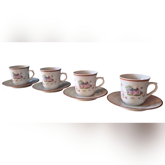 Set Of 4 Country House Japan Mugs With Saucers - Picture 2 of 5